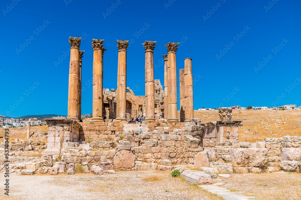 A view over the Temple of Artemis in the ancient Roman settlement of Gerasa in Jerash, Jordan in summertime