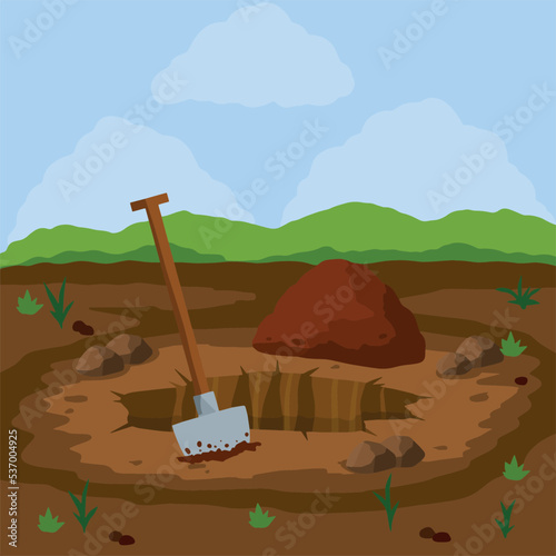 Digging hole and gardening. Shovel and dry brown earth.