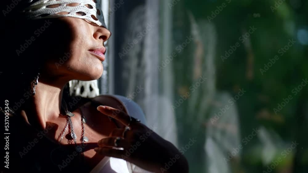 art portrait of beautiful woman looking at window, tulle on female eyes, romantic atmosphere art portrait of beautiful woman looking at window, tulle on female eyes, romantic atmosphere