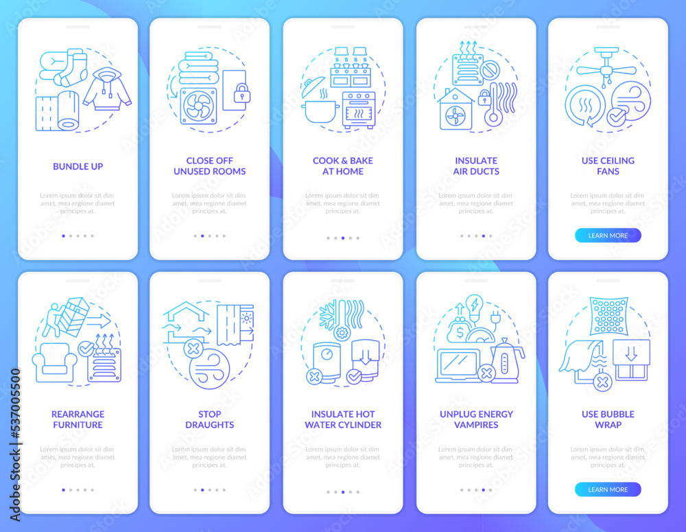 Reduce heat energy consumption onboarding blue gradient mobile app screen set. Walkthrough 5 steps graphic instructions with linear concepts. UI, UX, GUI template. Myriad Pro-Bold, Regular fonts used