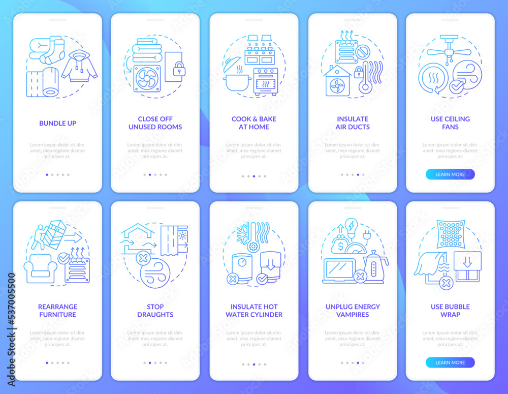Reduce heat energy consumption onboarding blue gradient mobile app screen set. Walkthrough 5 steps graphic instructions with linear concepts. UI, UX, GUI template. Myriad Pro-Bold, Regular fonts used Reduce heat energy consumption onboarding blue gradient mobile app screen set. Walkthrough 5 steps graphic instructions with linear concepts. UI, UX, GUI template. Myriad Pro-Bold, Regular fonts used