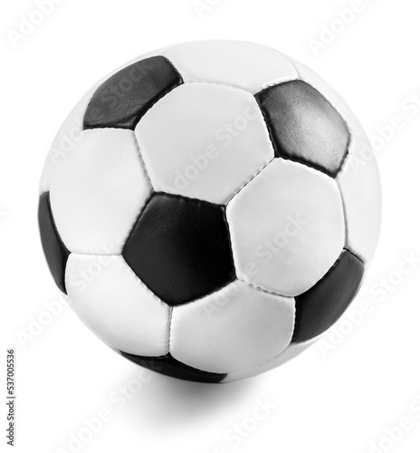 Black and white soccer ball on the white background