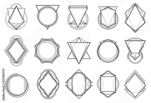 Geometric boho tattoo. Esoteric and mystical frame or outline vector border. Hipster geometric boho tattoos templates with triangular, circle and rhombus, pyramid linear frames