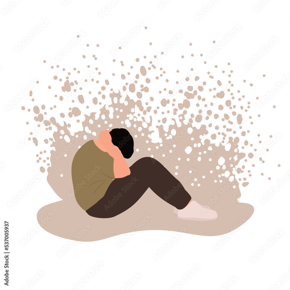 Man in depression, crying with ptsd, fears, phobias, grief. Cartoon flat vector illustration. Mental health support. Concept of psychological problems and health.