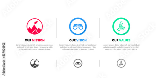 Mission Vision Values infographic Banner template. Company goal infographic design with  Modern flat icon design. vector illustration infographic icon design banner