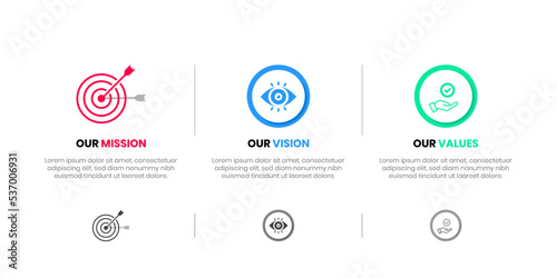 Mission Vision Values infographic Banner template. Company goal infographic design with  Modern flat icon design. vector illustration infographic icon design banner.