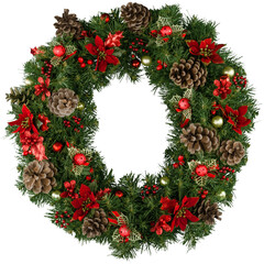 Christmas decorative wreath of holly, mistletoe and cones