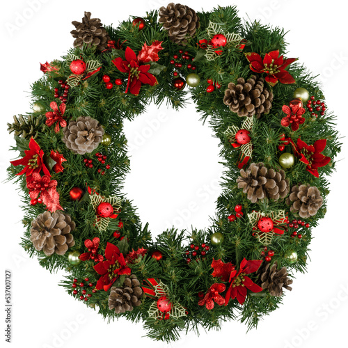 Christmas decorative wreath of holly, mistletoe and cones