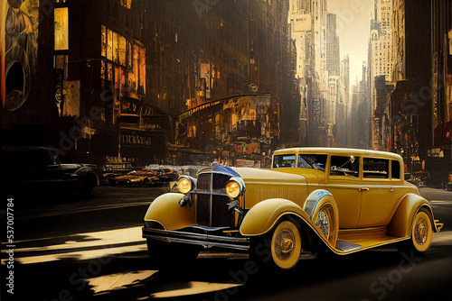 Concept art illustration of yellow retro car on the streets of new york city photo