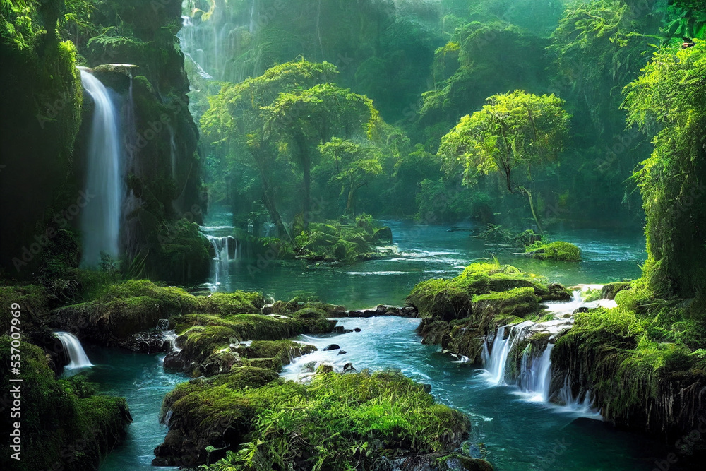 Naklejka premium Illustration of beautiful fantasy river landscape with waterfalls