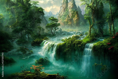 Illustration of beautiful fantasy river in lush jungle with waterfalls