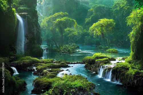 Illustration of beautiful fantasy river landscape with waterfalls