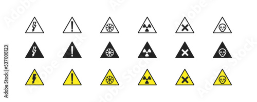 Set of danger icons. General symbol of attention. Hazard concept. Radiation, electricity, cold, danger signs.