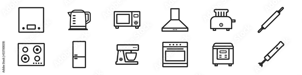 Simple icon set of kitchen appliance. Cooking symbol. Contain such icons as toaster, kettle, kitchen scales, oven etc. Simple icon set of kitchen appliance. Cooking symbol. Contain such icons as toaster, kettle, kitchen scales, oven etc.