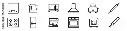 Simple icon set of kitchen appliance. Cooking symbol. Contain such icons as toaster, kettle, kitchen scales, oven etc.