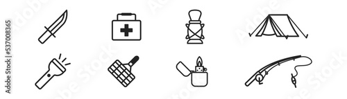 Camping icon set. Adventure trip. Weekend, summer vacation concept.  Signs of knife, first aid kit, kerosine lamp, fishing, lighter, flashlight, tent, grille. Picnic, hiking symbols. photo