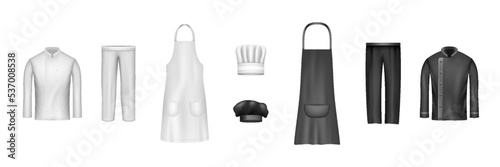 Chef cook uniform set. Realistic white and black mockup of culinary workwear clothing elements