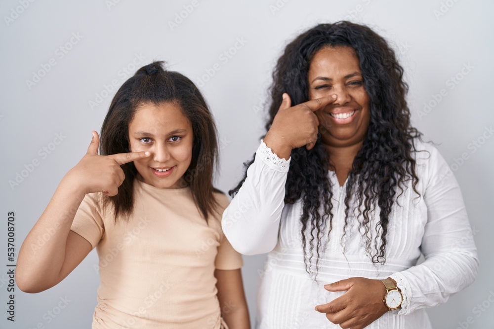 Mother and young daughter standing over white background pointing with hand finger to face and nose, smiling cheerful. beauty concept