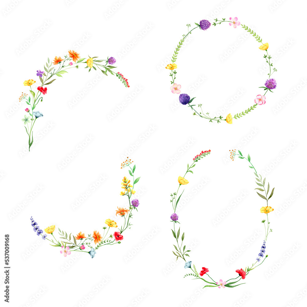 Watercolor set of wreaths of flowers and leaves, isolated on transparent background