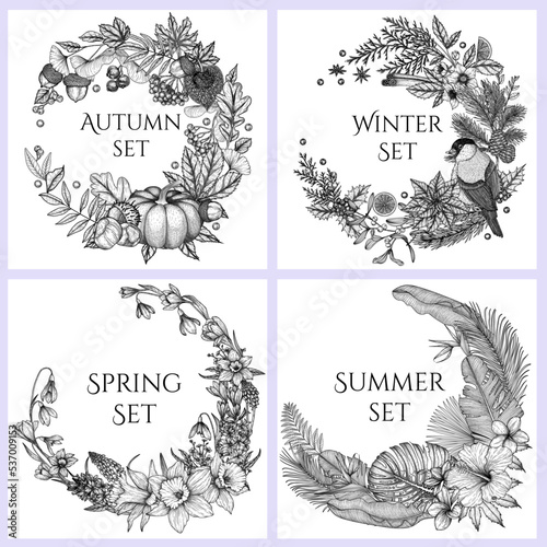 Set of 4 wreaths of the seasons in the style of engraving. Autumn leaves, pumpkin, berries, acorns. Winter spruces, cones, bullfinch. Spring flowers, daffodils, snowdrops. Summer tropical plants, palm