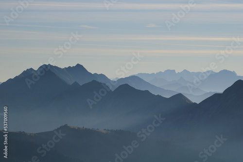 Outlines of Mount Brienzer Rothorn and other mountains seen from Mount Niederhorn, Switzerland.