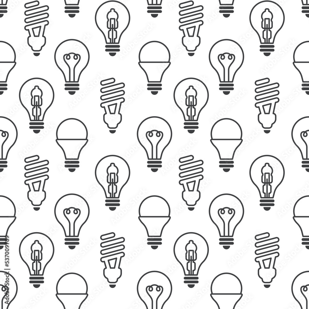 Seamless pattern with different light bulbs. Vector modern line pattern with different lamps. Seamless pattern with different light bulbs. Vector modern line pattern with different lamps.