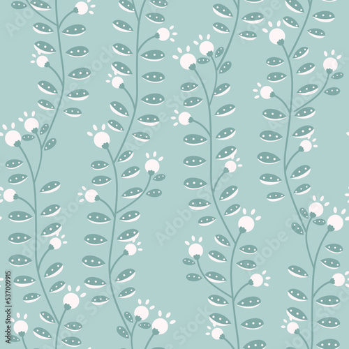 Vector Modern Folklore Cute Blooming Florals in Pastel Blue pattern background. Perfect for fabric, scrapbooking and interior design projects.
