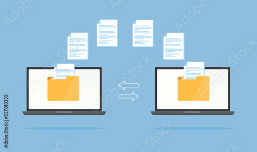 Laptops with folders on screen and transferred documents. File transfer concept, backup data. Vector stock