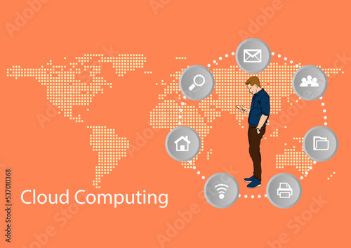 Graphics design Hitech Technology Cloud computing concept. Businessman holding smartphone connection online anywhere vector illustration