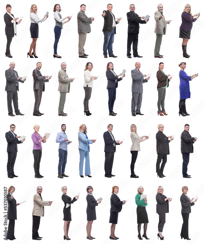 Fototapeta premium group of people demonstrating tablet looking at camera