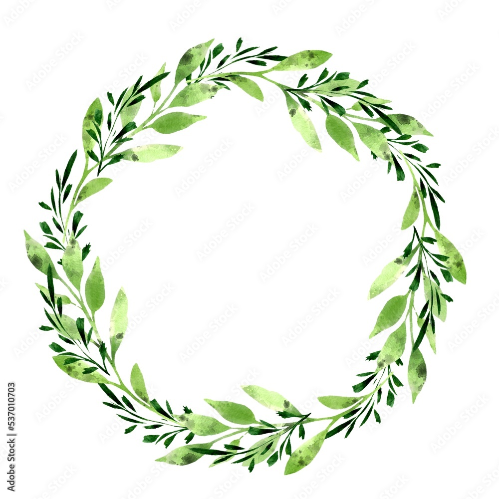 Botanical wreath of green branches and leaves. Watercolor Floral Design element for wedding invitations, greeting cards