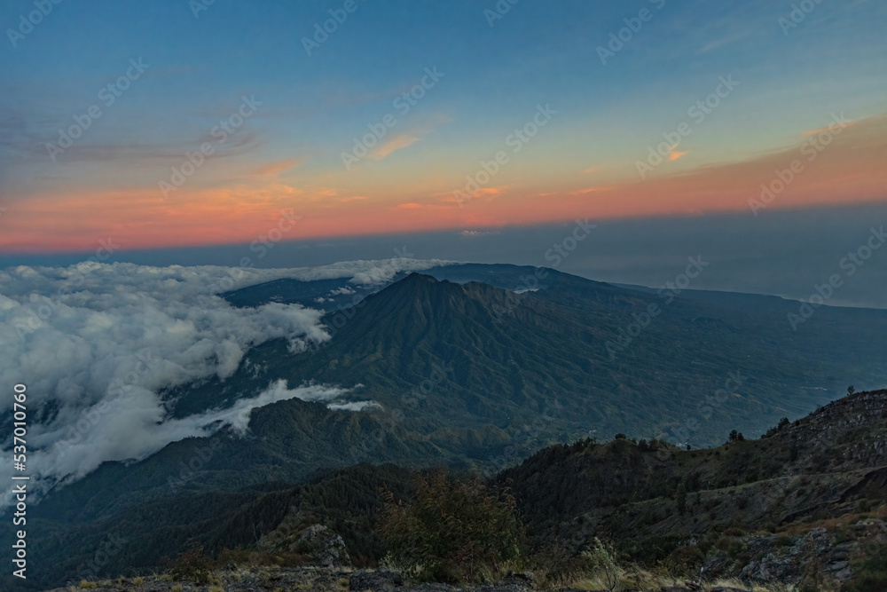 Obraz premium Bali Volcano. Panorama of Bali from Agung volcano at 3030 m altitude at sunrise, Bali, Indonesia