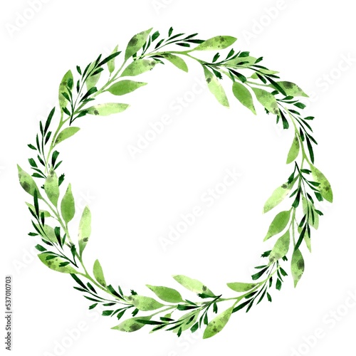 Botanical wreath of green branches and leaves. Watercolor Floral Design element for wedding invitations, greeting cards