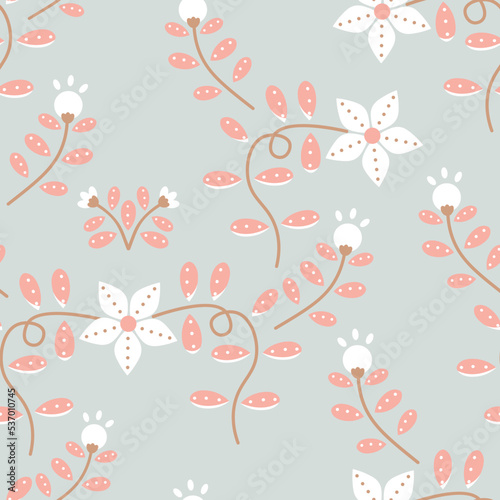 Vector Modern Folklore Cute Florals in Pastel Colors pattern background. Perfect for fabric, scrapbooking and interior design projects.