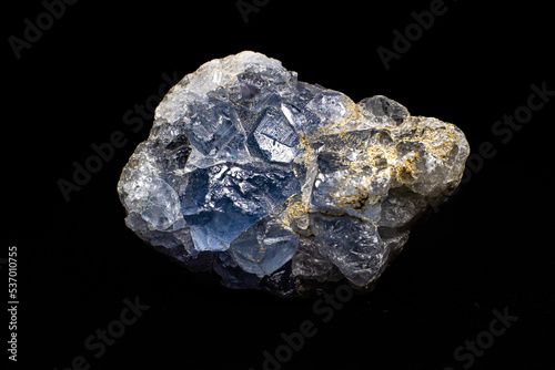 Real light blue celestine crystal cluster isolated on black background with no shadows