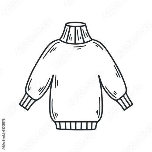 Knitted sweater doodle illustration. Clothes and accessories sketch isolated vector. Casual aesthetic sweatshirt black hand drawn outline image on white background