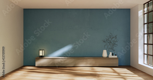 cabinet in modern zen living room on light blue wall background,3d rendering