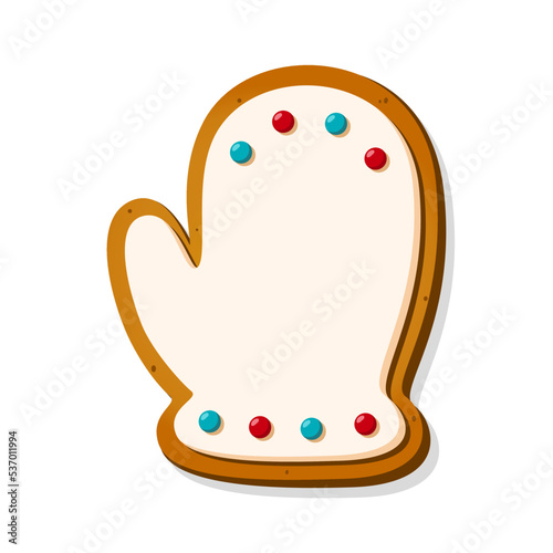Christmas gingerbread cookies in shape of cute mitten. Winter homemade xmas sweet biscuit with candy and glazed decoration. Cute cartoon Vector illustration