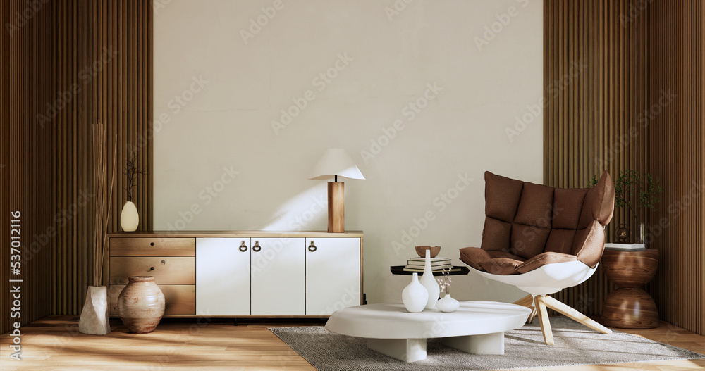 Cabinet room wooden interior wabisabi style.3D rendering Cabinet room wooden interior wabisabi style.3D rendering