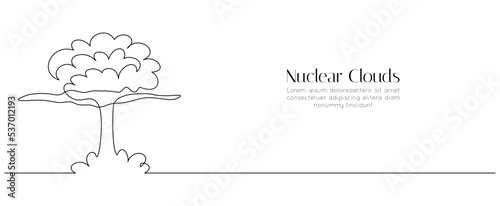 Atomic bomb explosion in one continuous line drawing. Nuclear mushroom cloud symbol of war catastrophe and global apocalypse in simple linear style. Editable stroke. Doodle vector illustration