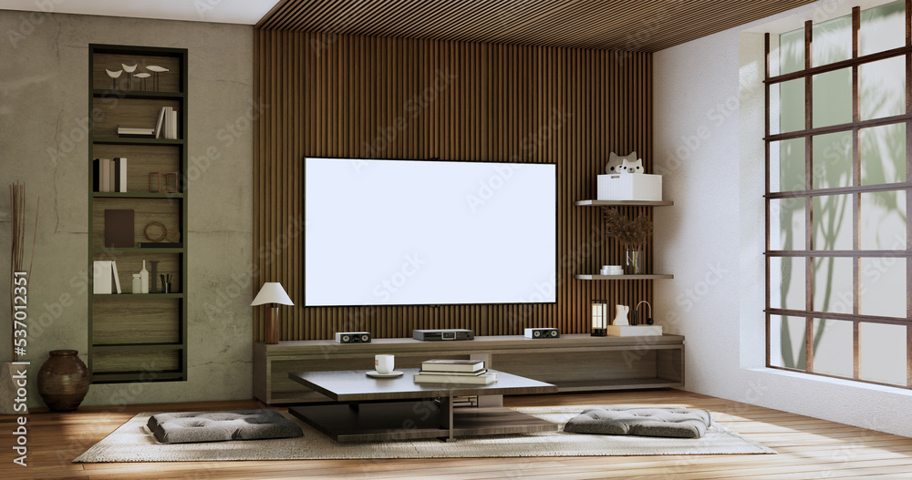 cabinet tv wooden japanese design on room minimal interior.3D rendering cabinet tv wooden japanese design on room minimal interior.3D rendering