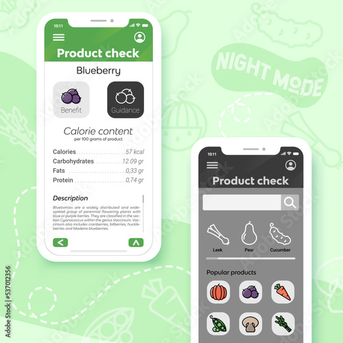Mobile application template of healthy food, calorie counting