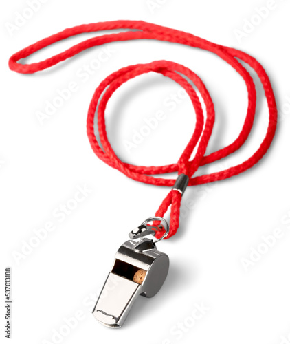 Sports whistle with a lace. It is isolated on a white background