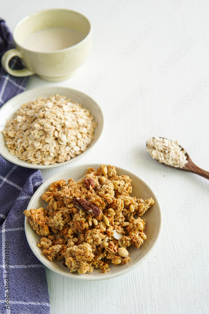 Granola with oats in small plate. Granola with oats in small plate.