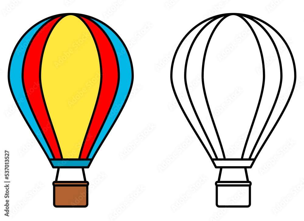 Fototapeta premium Hot air balloon vector illustration isolated on white background. Coloring book page for children. Colorful and black and white.
