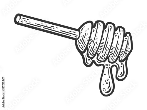 Honey dipper wooden spoon sketch engraving vector illustration. Scratch board imitation. Black and white hand drawn image.