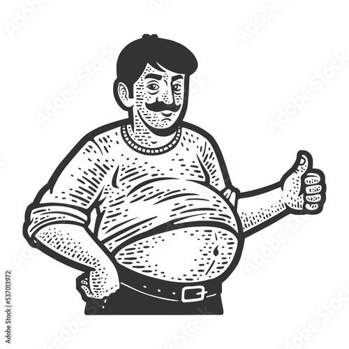 Fat man with beer belly abdominal obesity sketch engraving raster illustration. Scratch board imitation. Black and white hand drawn image.