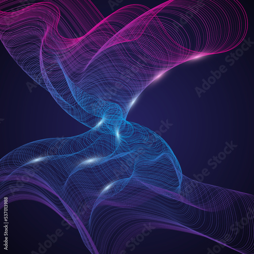 Curve lines waves distorted shape abstract vector background illustration in pink blue purple violet colors. Warped curve lines vector geometric shape. Overwound surface neon blue pink light photo