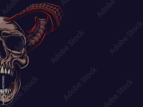 Devil skull. Vector illustration in engraving technique of human skull with twisted horns.
