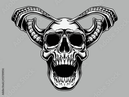 Devil skull. Vector illustration in engraving technique of human skull with twisted horns.